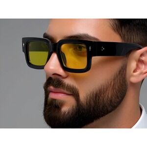 Mens Black Square Frame Sunglasses Yellow Lens Fashion Eyewear Driving Gafas New